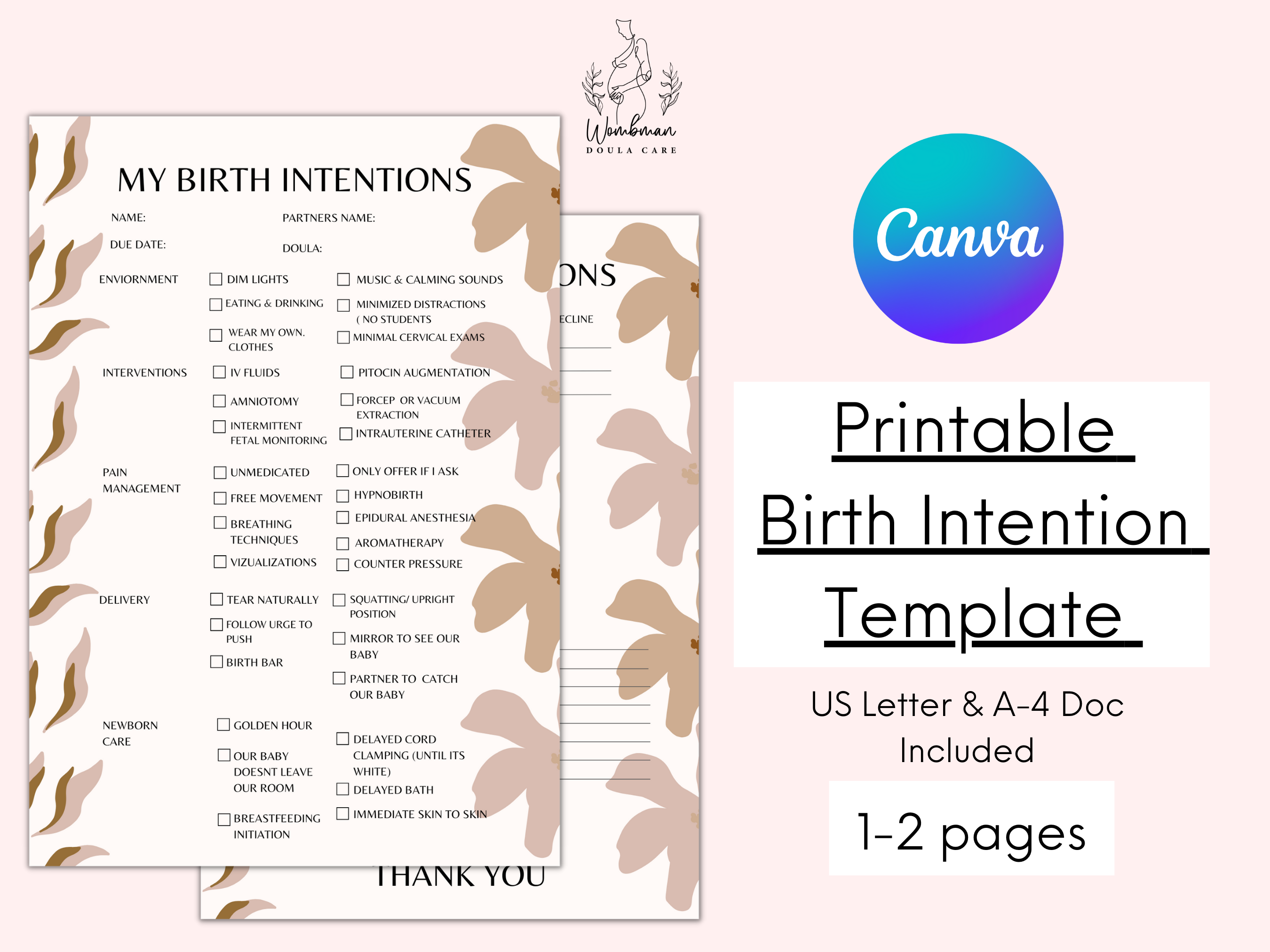 Printable Birth Intention Template * BONUS INCLUDED *(Customize & Print)